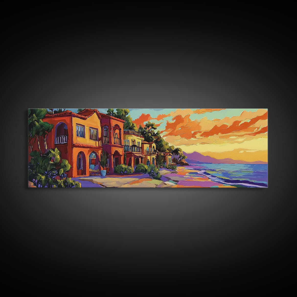 Coastal Village Sunset, Beach House Art, Vibrant Colorful Home Decor, Tropical Wall Style, Framed Canvas Print, Vacation Vibes