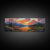 Sunset River, Nature Glow, Autumn Lake, Canvas Print, colorful sunset landscape, rustic mountain scene, Fall decor, cabin wall art