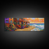 Coastal Villa, Ocean View, Sunset Beach, Canvas Print, Mediterranean house art, colorful seaside decor, boho kitchen art