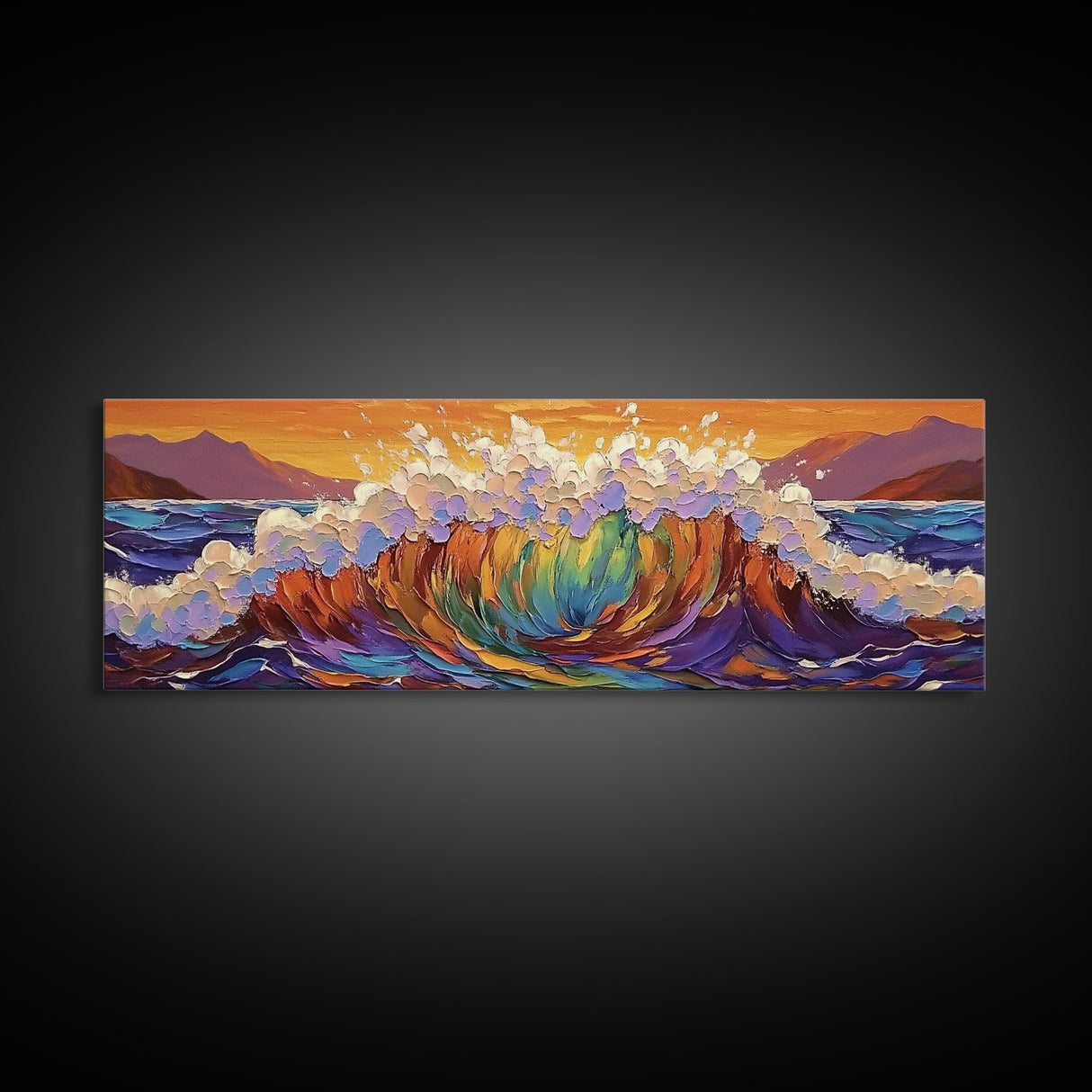 Rainbow Wave Splash, Ocean Energy Art, Vibrant Seascape, Framed Canvas Print, Coastal Living Room Decor, Surf Beach Wall Art, Boho Style