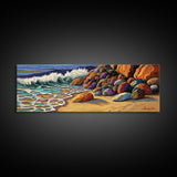 Rocky Shoreline Waves, Ocean Rocks Art, Seaside Spray, Framed Canvas Print, Bathroom Coastal Wall Art, Bold Beach Style, Nautical Decor