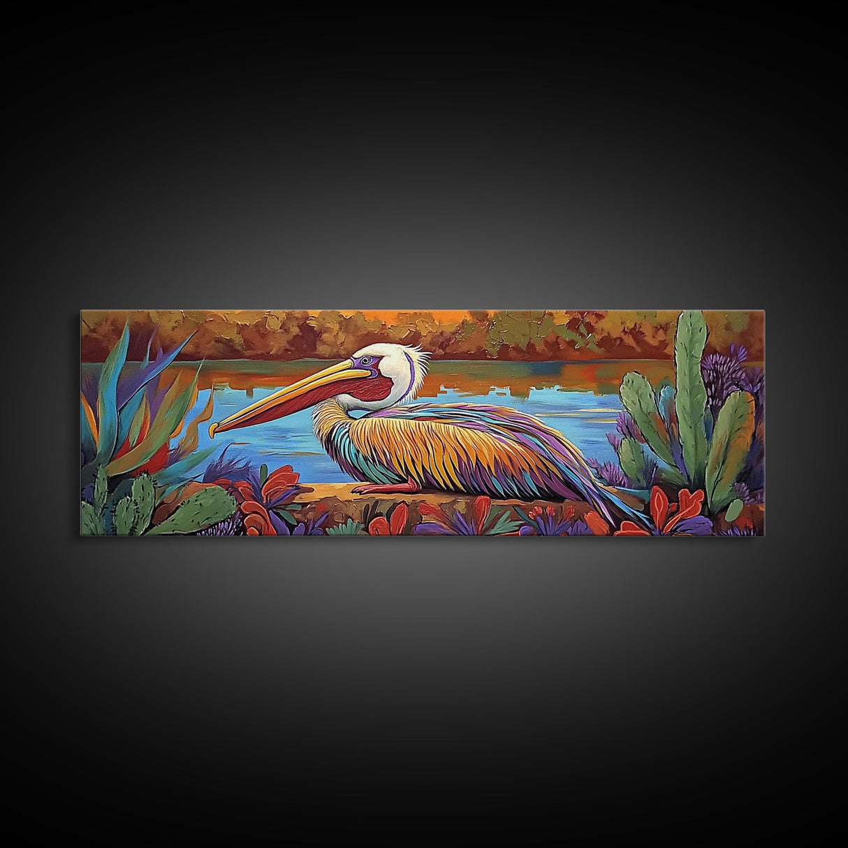 Colorful Pelican, Tropical Bird, Lake Wildlife, Autumn Palette, Framed Canvas Print, Boho Nature Wall Art, Dining Room Bird Artwork