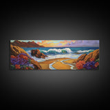 Coastal Wave, Bold Surf, Rocky Sunset, Flower Shoreline, Framed Canvas Print, Nautical Art, Bathroom Beach Landscape Decor