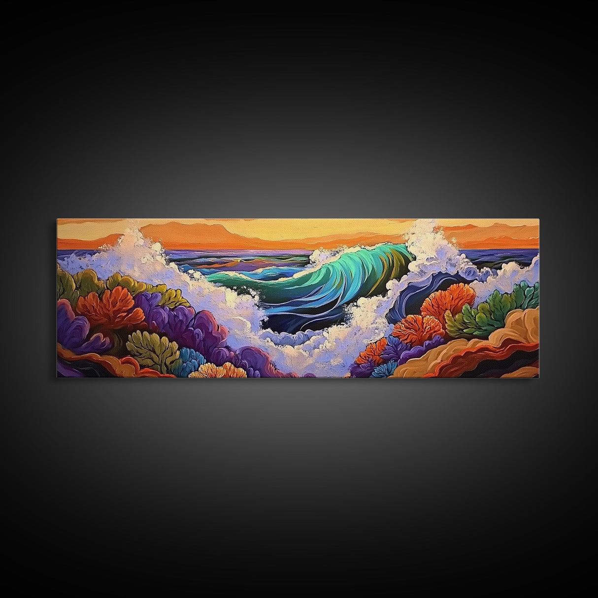 Ocean Wave, Underwater Reef, Vibrant Coral, Seascape Drama, Framed Canvas Print, Tropical Bathroom Art, Marine Life Painting
