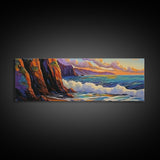 Coastal Cliff, Ocean Waves, Sunset Water, Rocky Shoreline, Framed Canvas Print, Bathroom Wall Art, Vibrant Seascape, Beach House Style