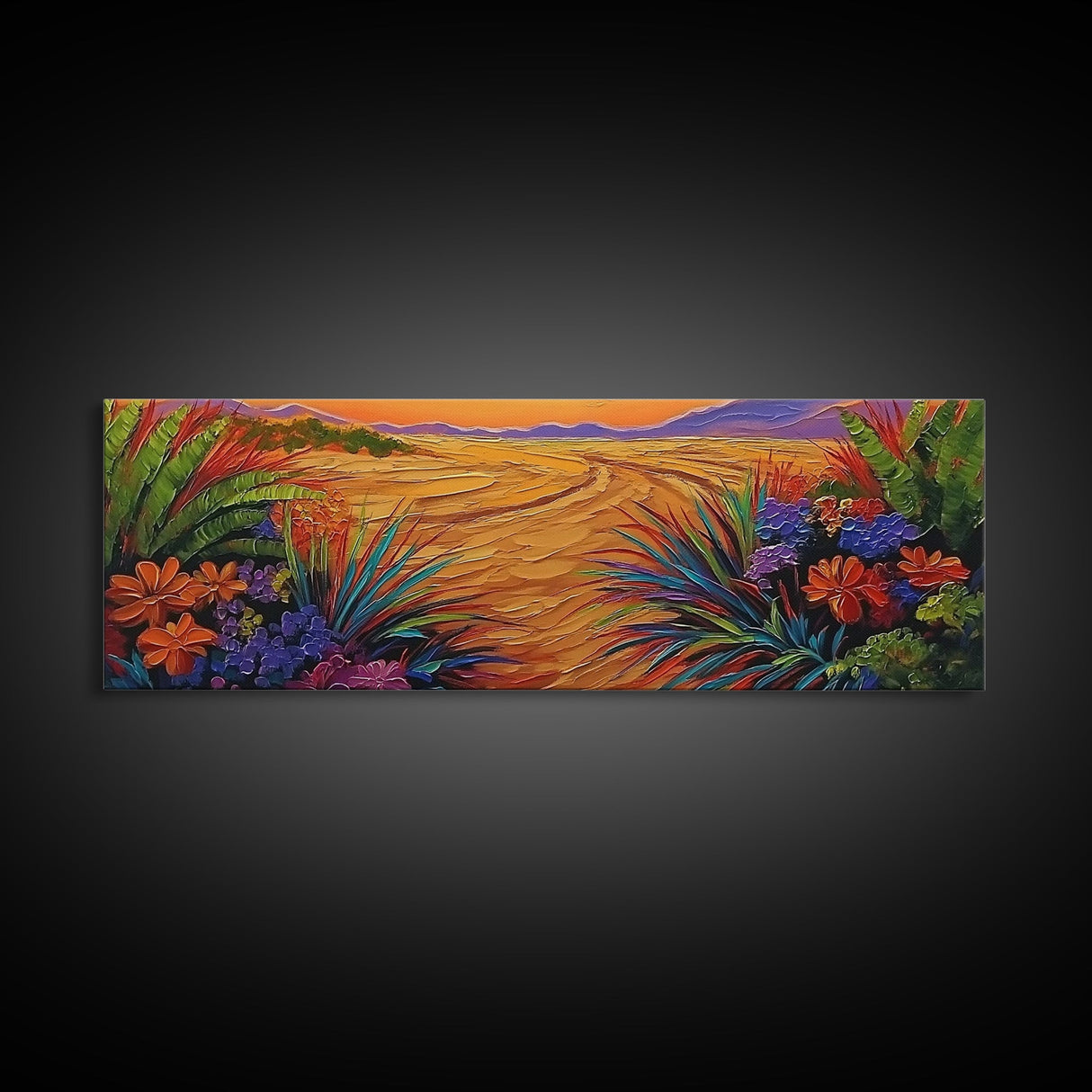 Golden Horizon Path, Vibrant Floral Border, Nature Sunset Painting, Framed Canvas Print, Bedroom Wall Art, Warm Color Landscape