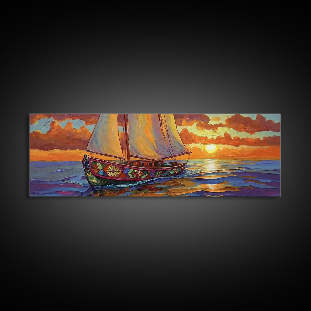 Sunset Sailboat Dream, Vibrant Ocean Painting, Nautical Coastal Wall Art, Canvas Print, Beach House Decor, Living Room Statement Piece