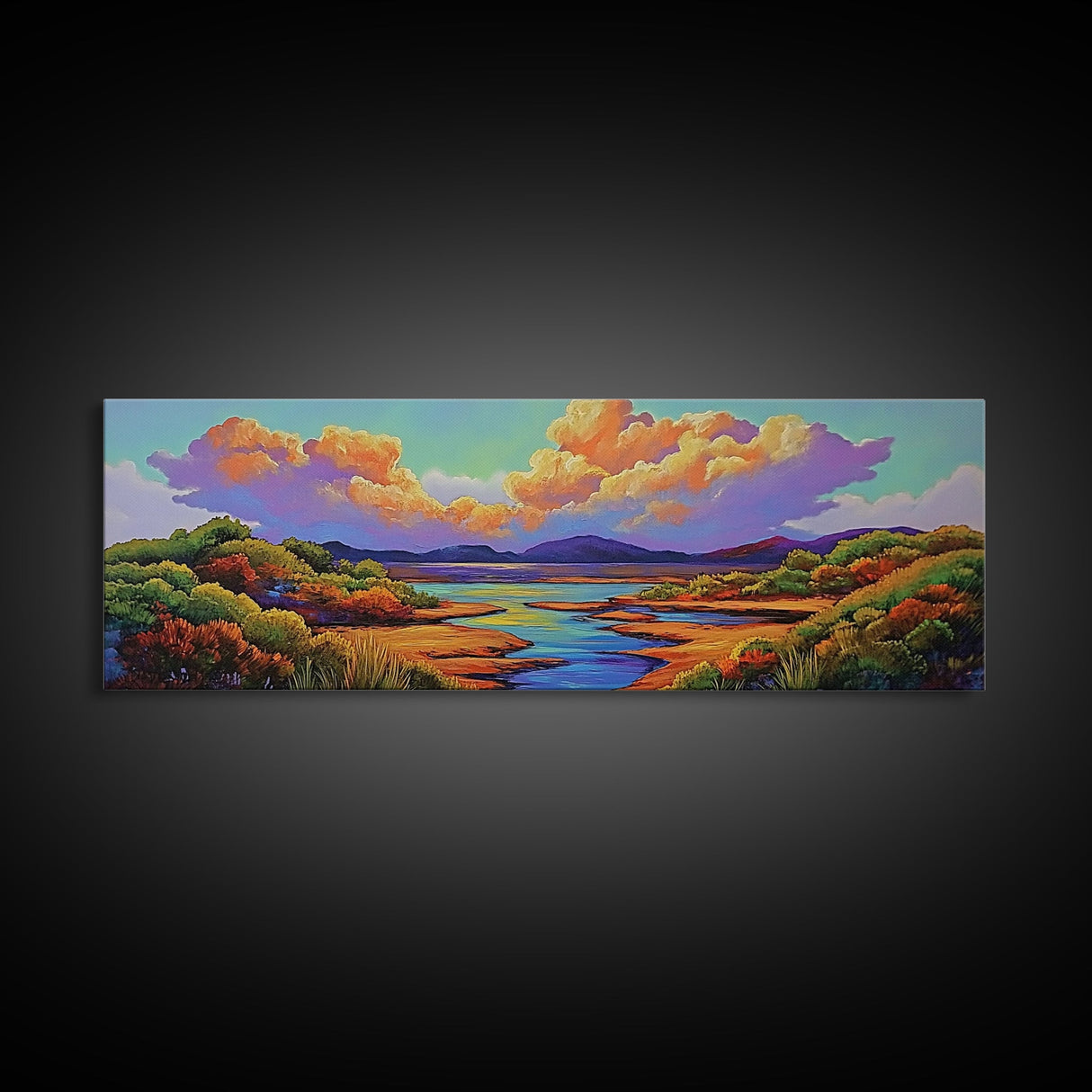 Serene River Sunset, Colorful Landscape Reflection, Nature Wall Scene, Framed Canvas Print, Bedroom Wall Art, Calming Scenic Artwork