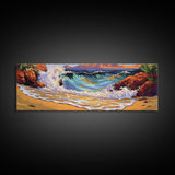 Wave Crash, Rocky Beach, Golden Coast, Tropical Splash, Framed Canvas Print, Coastal Wall Art, Bold Bathroom Decor, Surf Art Style