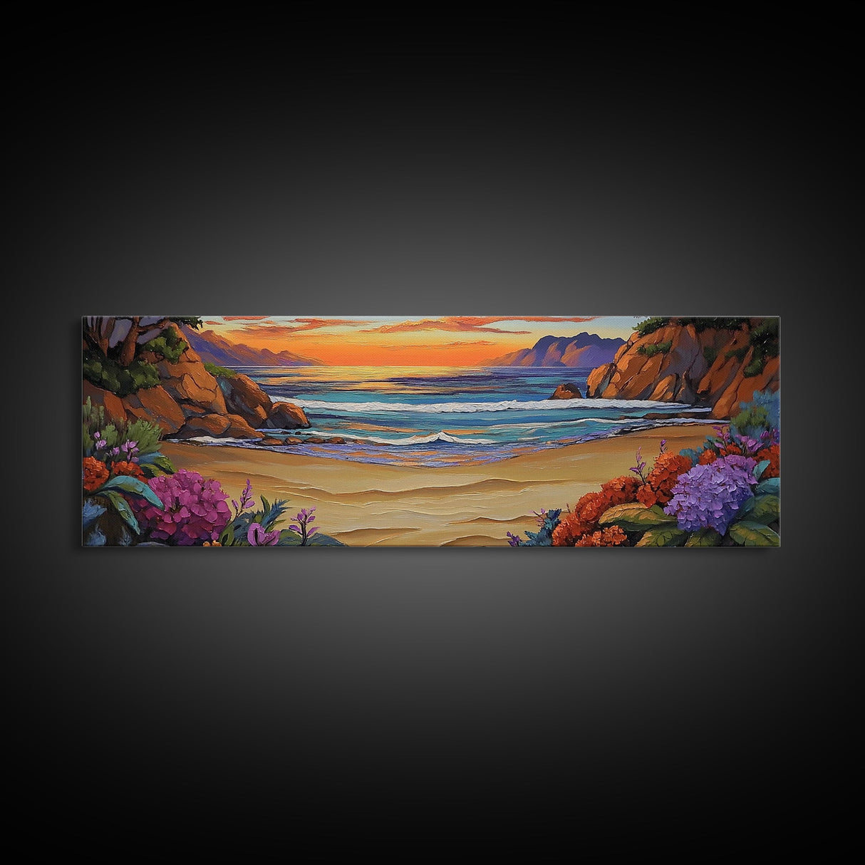 Tranquil Beach Sunset, Colorful Coastal Scene, Ocean Cliff View, Floral Accents, Framed Canvas Print, Dining Room art,  Office Art
