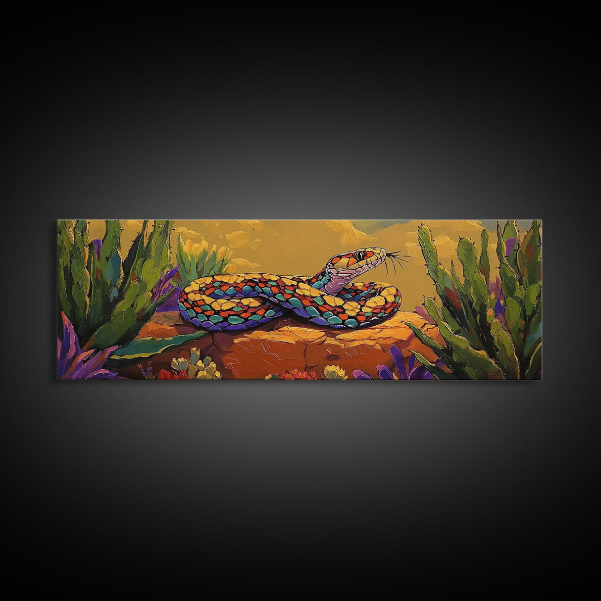 Desert Snake Scene, Vibrant Reptile Art, Cactus Wildlife, Framed Canvas Print, Bold Southwest Wall Decor, Nature Inspired Room