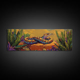 Desert Snake Scene, Vibrant Reptile Art, Cactus Wildlife, Framed Canvas Print, Bold Southwest Wall Decor, Nature Inspired Room