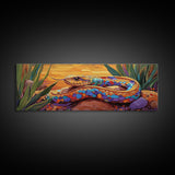 Sunset Snake Painting, Colorful Desert Creature, Serpent Among Rocks, Framed Canvas Print, Boho Wall Art, Eclectic Decor Piece
