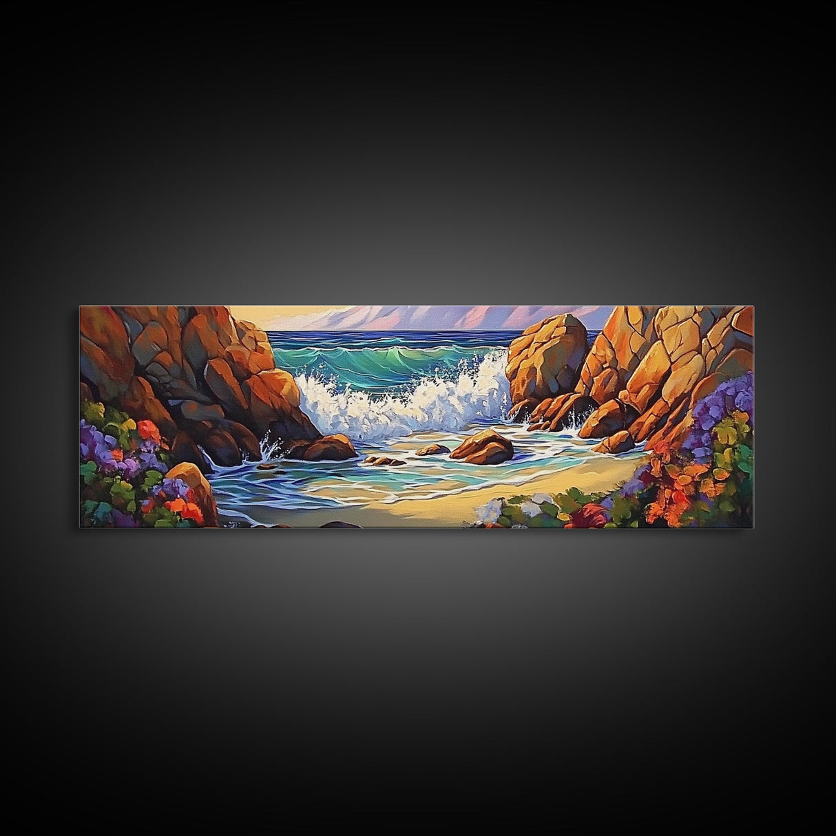 Rocky Shore Break, Ocean Cliff Scene, Seaside Escape, Framed Canvas Print, Coastal Bathroom Wall Art, Nautical Beach Decor