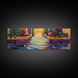 Sunset Canal Garden, Water Reflections, Warm Floral Courtyard, Framed Canvas Print, Kitchen Wall Art, Romantic Boho Artwork