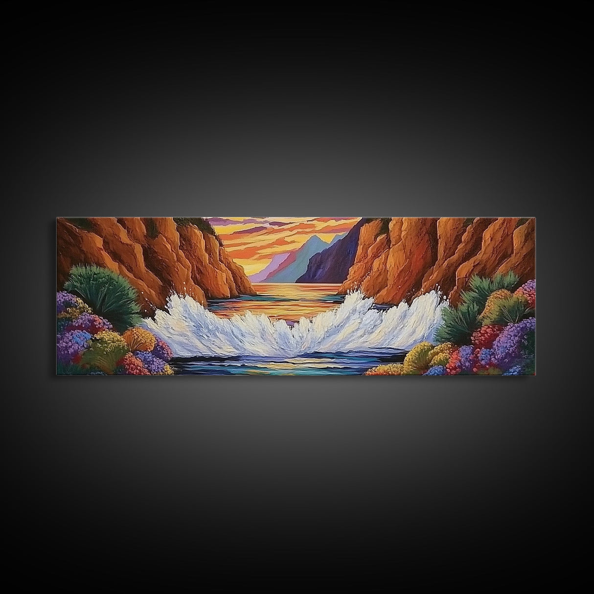 Ocean Splash, Sunset Cliffs, Nature Colors, Framed Canvas Print, Coastal Wall Art, Living Room Decor, Bold Landscape, Expressionist Art