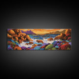 Rocky Coastline, Sunset Splash, Rainbow Stones, Framed Canvas Print, Bathroom Wall Art, Modern Seaside Art, Bold Landscape Vibes