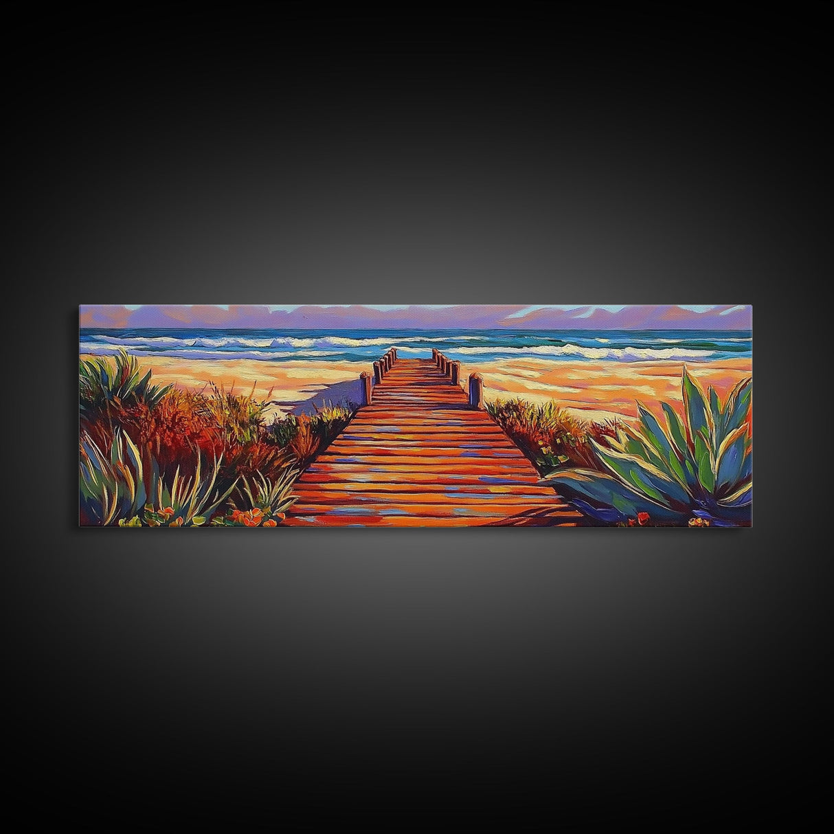 Seaside Path Art, Beach Boardwalk Print, Coastal Nature Scene, Tropical Living Room Wall Decor, Boho Style Framed Canvas Print
