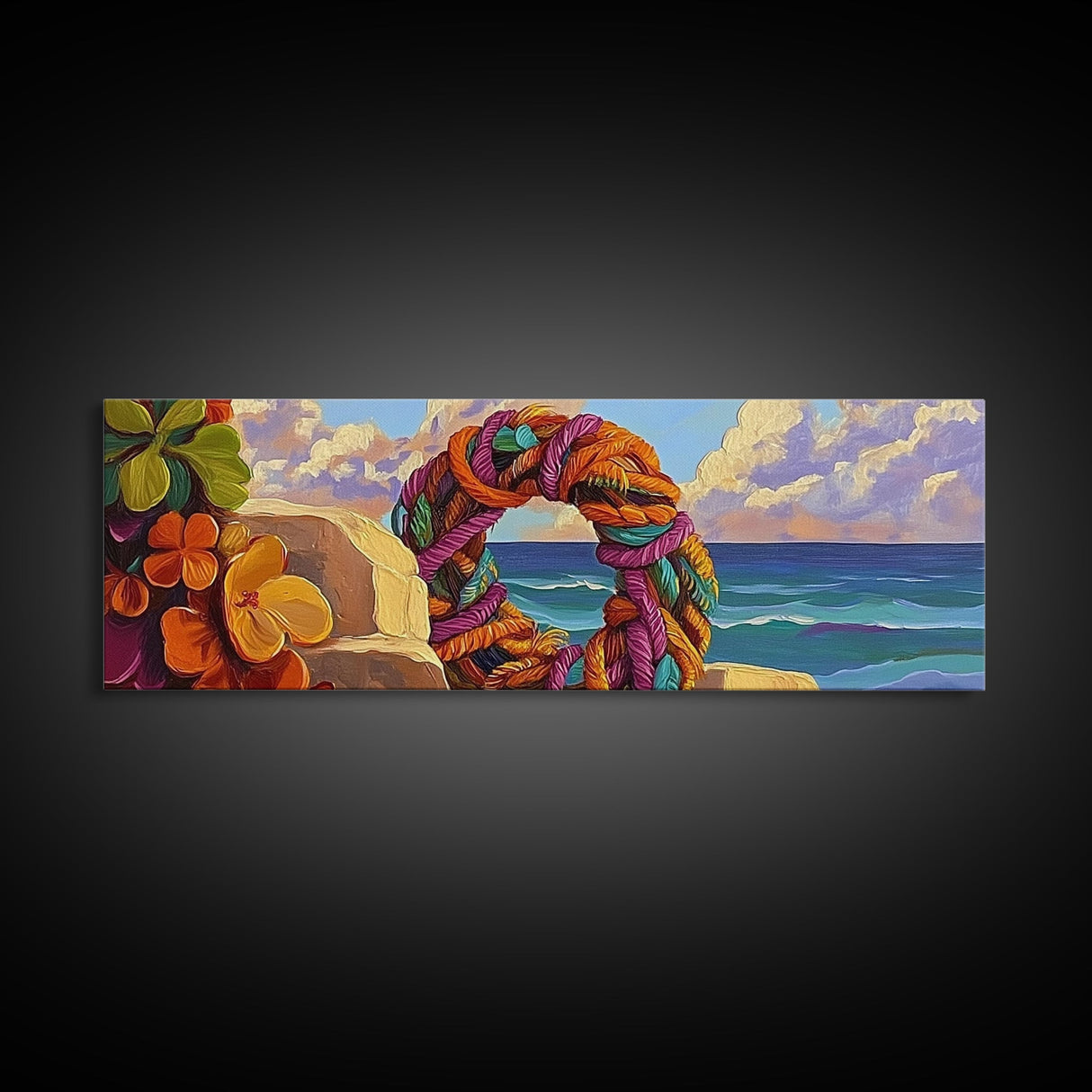 Coastal Wreath Art, Nautical Vibes, Colorful Rope, Framed Canvas Print, Beach House Wall Art, Summer Home Decor, Tropical Boho Art