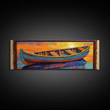 Colorful Boat, Sunset Reflection, Vibrant Seascape, Canvas Print, Nautical Living Room Wall Art, Coastal Decor, Bold Modern Art
