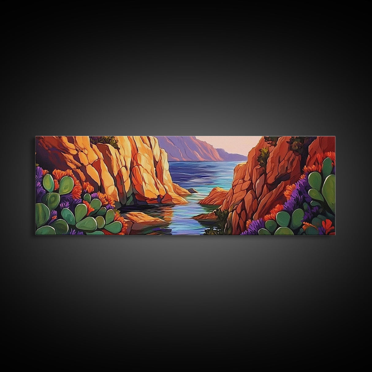 Cactus Cove View, Mountain Sunset, Desert Oasis, Framed Canvas Print, Boho Living Room Wall Art, Nature Inspired Art, Colorful Decor