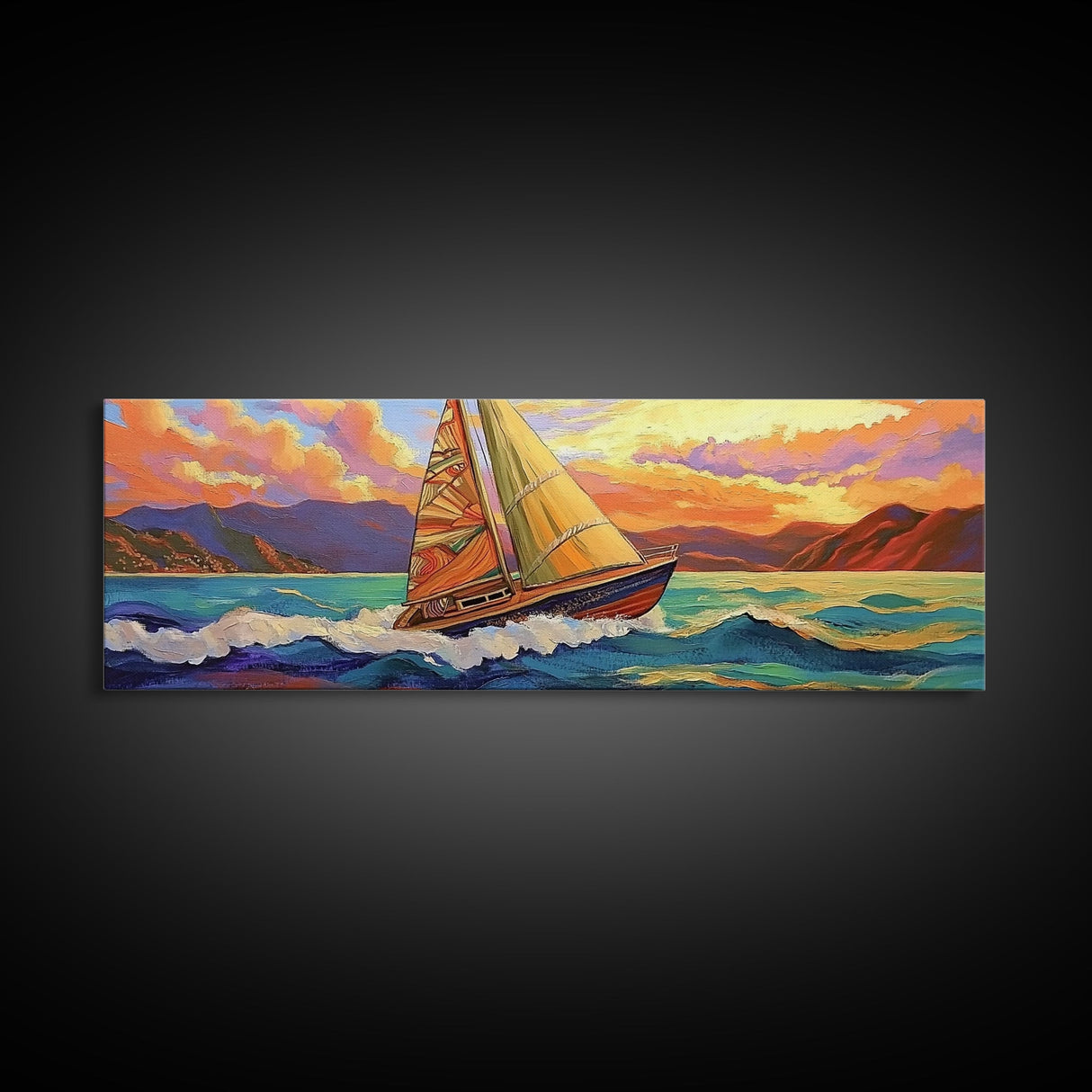 Sunset Sailboat, Coastal Art, Colorful Nautical Scene, Framed Canvas Print, Office Wall Decor, Sailing Gift, Ocean Wall Art