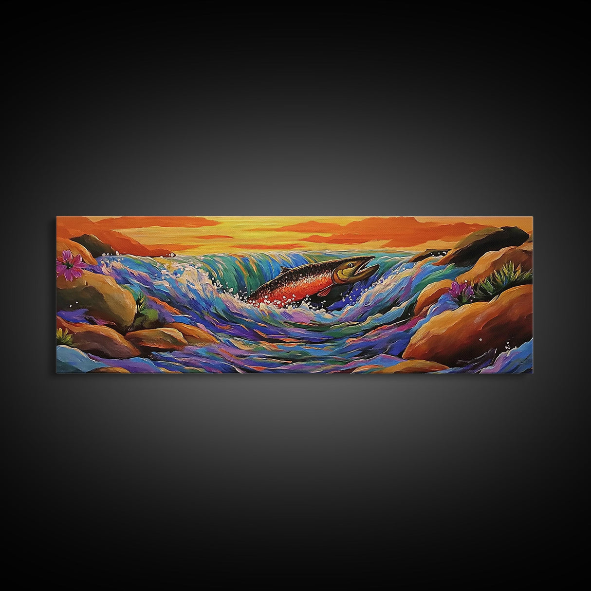 Leaping Salmon, River Fishing Scene, Wildlife Painting, Framed Canvas Print, Cabin Wall Art, Bold Nature Decor, Rustic Style