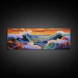 Breaking Waves Seascape, Ocean Wall Art, Sunset Coastal View, Framed Canvas Print, Nautical Living Room Decor, Beach Style
