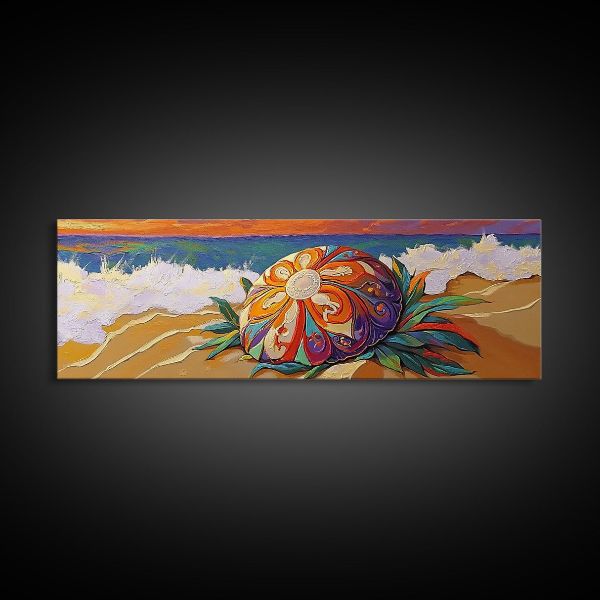 Sea Shell Flower, Ocean Breeze, Sunset Shoreline, Whimsical Beach Framed Canvas Print, Bathroom Wall Art, Tropical Coastal Art