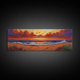 Sunset Coastline, Dramatic Sky, Evening Surf, Autumn Horizon Framed Canvas Print, Dining Room Wall Art, Moody Coastal Art