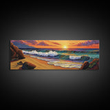 Sunset Beach, Coastal Rocks, Tranquil Shore, Golden Light, Framed Canvas Print beach house decor, minimalist landscape, bedroom art