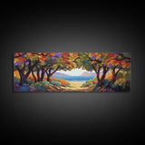 Seaside Trees, Autumn Canopy, Ocean View, Coastal Path, Framed Canvas Print colorful fall wall art, entryway decor, boho nature scene