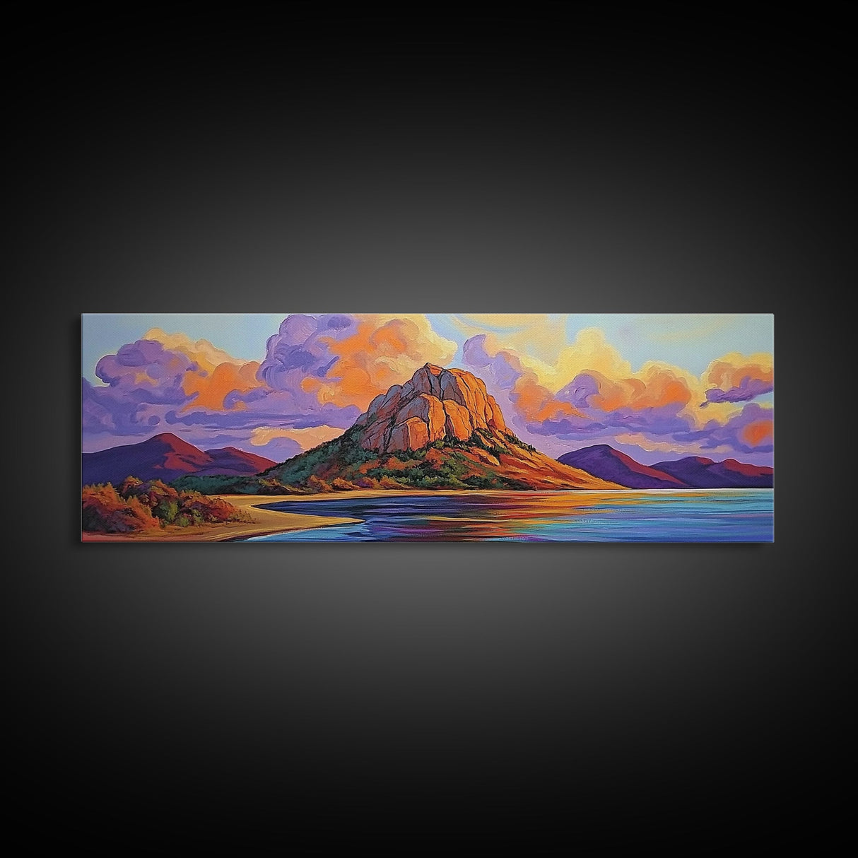 Mountain Coast, Sunset Glow, Majestic Landscape, Vibrant Horizon, Framed Canvas Print living room mountain wall art, rustic scenic decor