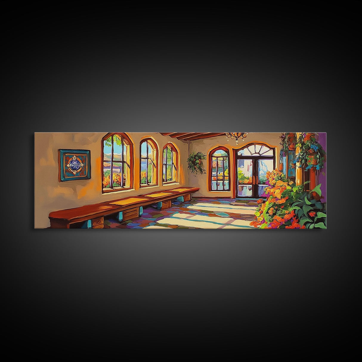 Sunlit Adobe Room, Southwest Architecture Art, Spanish Villa Scene, Rustic Warm Tones, Framed Canvas Print, Hallway Hacienda Decor