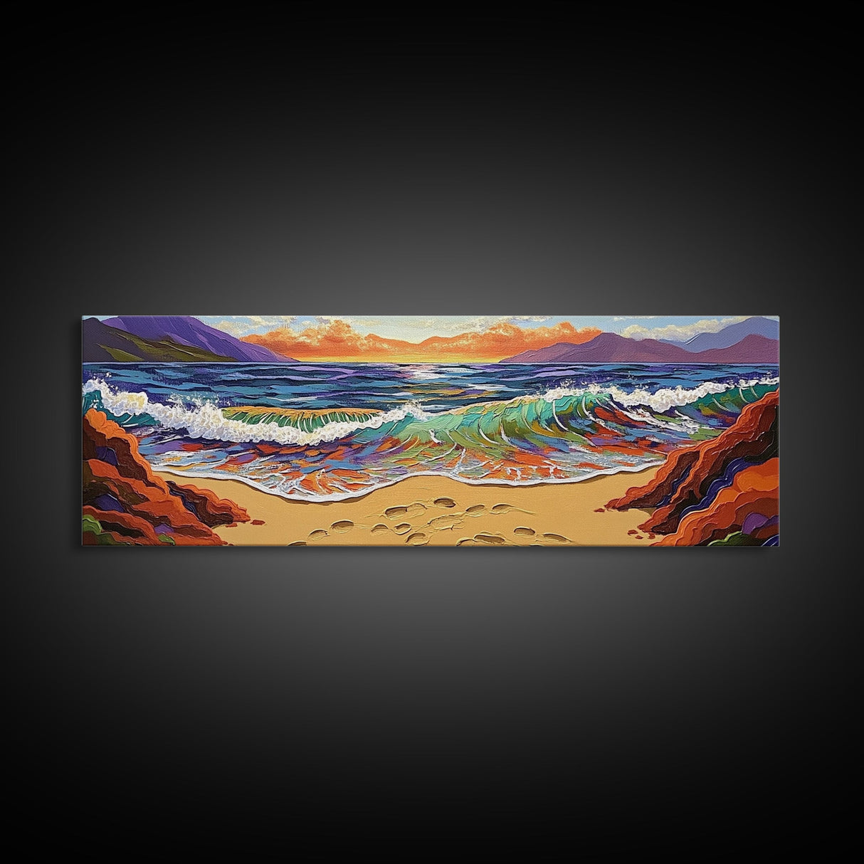 Sunset Shore View, Vibrant Ocean Wave, Footprints in Sand, Coastal Seascape Art, Framed Canvas Print, Beach House Wall Decor