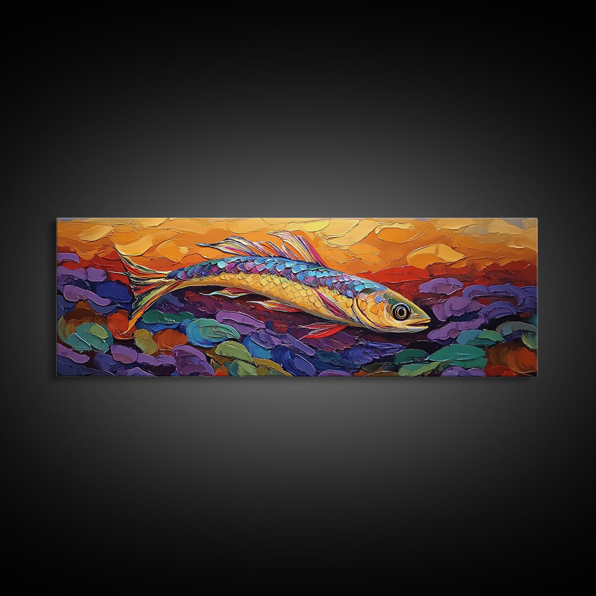 Colorful Fish Painting, Vibrant Sea Life, Abstract Ocean Creature, Marine Fantasy Style, Framed Canvas Print, Kids Room Underwater Art