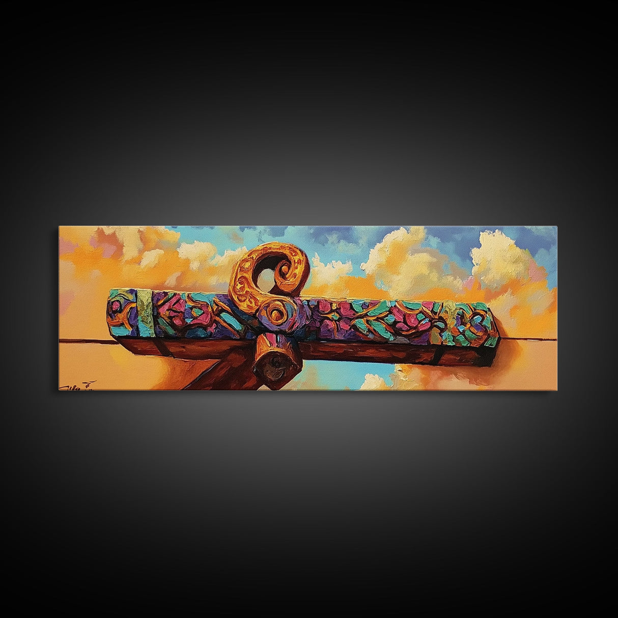 Folk Carved Beam, Southwest Wood Detail, Rustic Architecture Art, Colorful Entryway Style, Framed Canvas Print, Warm Wall Decor