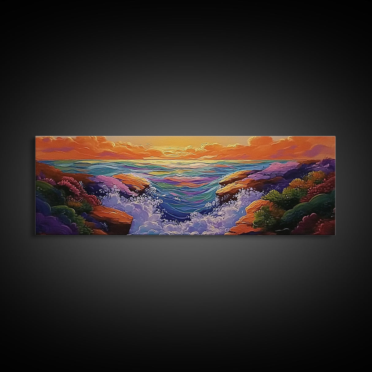 Sunset Coast, Vibrant Waters, Ocean Rocks, Canvas Print, Dreamy Beach Wall Art, Bright Living Room Decor, Boho Seascape Scene