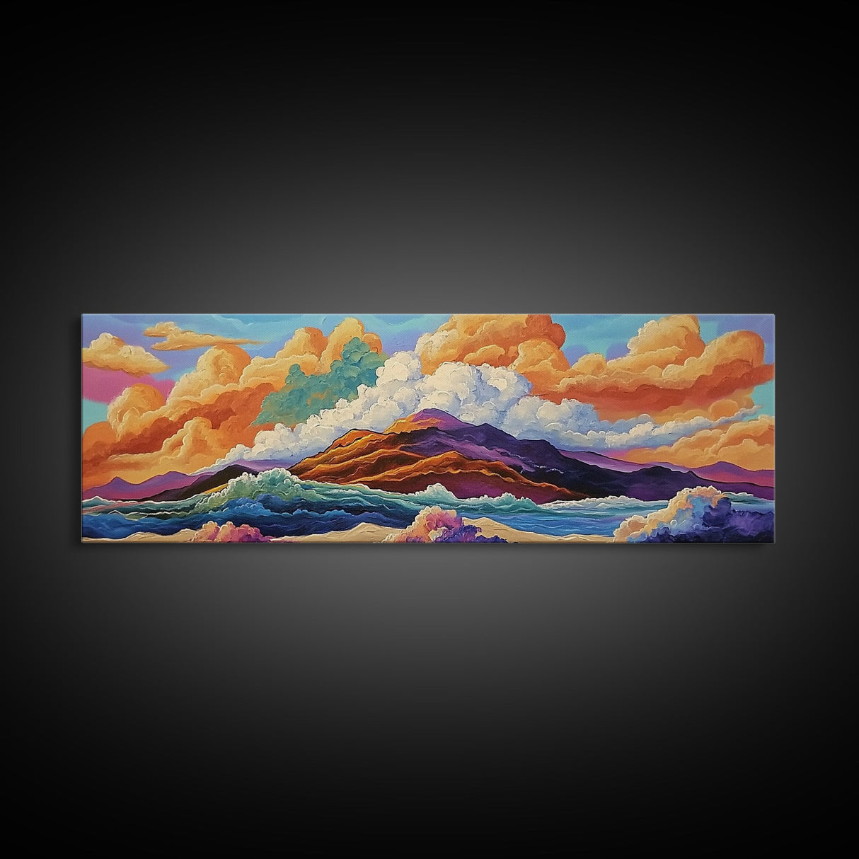Mountain Coast, Color Clouds, Seaside Vibes, Framed Canvas Print, Tropical Landscape Art, Sunset Wall Decor, Bright Ocean Style