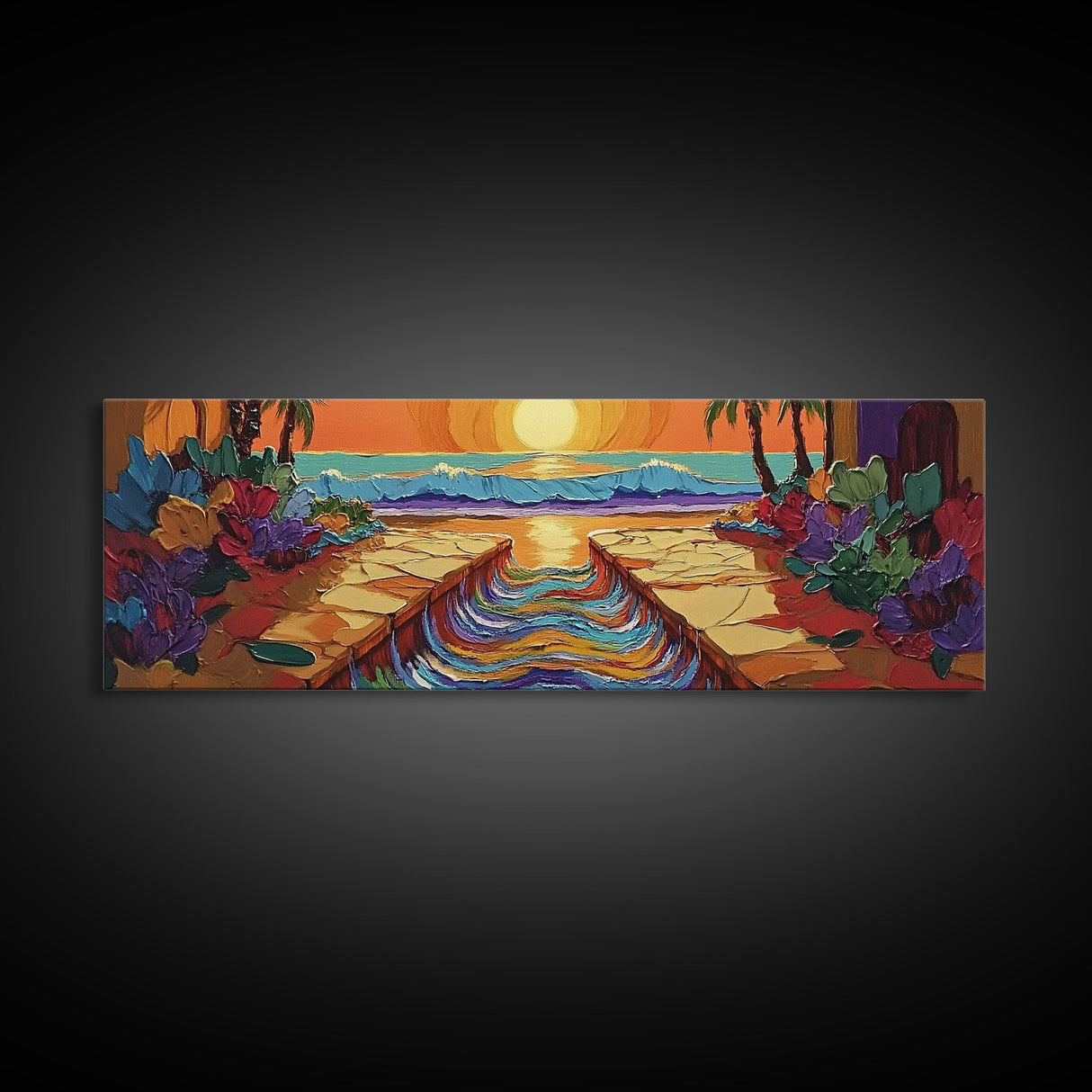 Sunset Path, Ocean View, Tropical Flowers, Canvas Print, Vibrant Beach House Wall Art, Bold Color Decor, Coastal Living Room Art