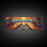 Sunset Path, Ocean View, Tropical Flowers, Canvas Print, Vibrant Beach House Wall Art, Bold Color Decor, Coastal Living Room Art