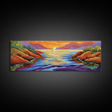 Sunset Lake, Mountain Reflection, Bold Colors, Canvas Print, Tranquil Landscape Art, Living Room Wall Decor, Nature Inspired Aesthetic