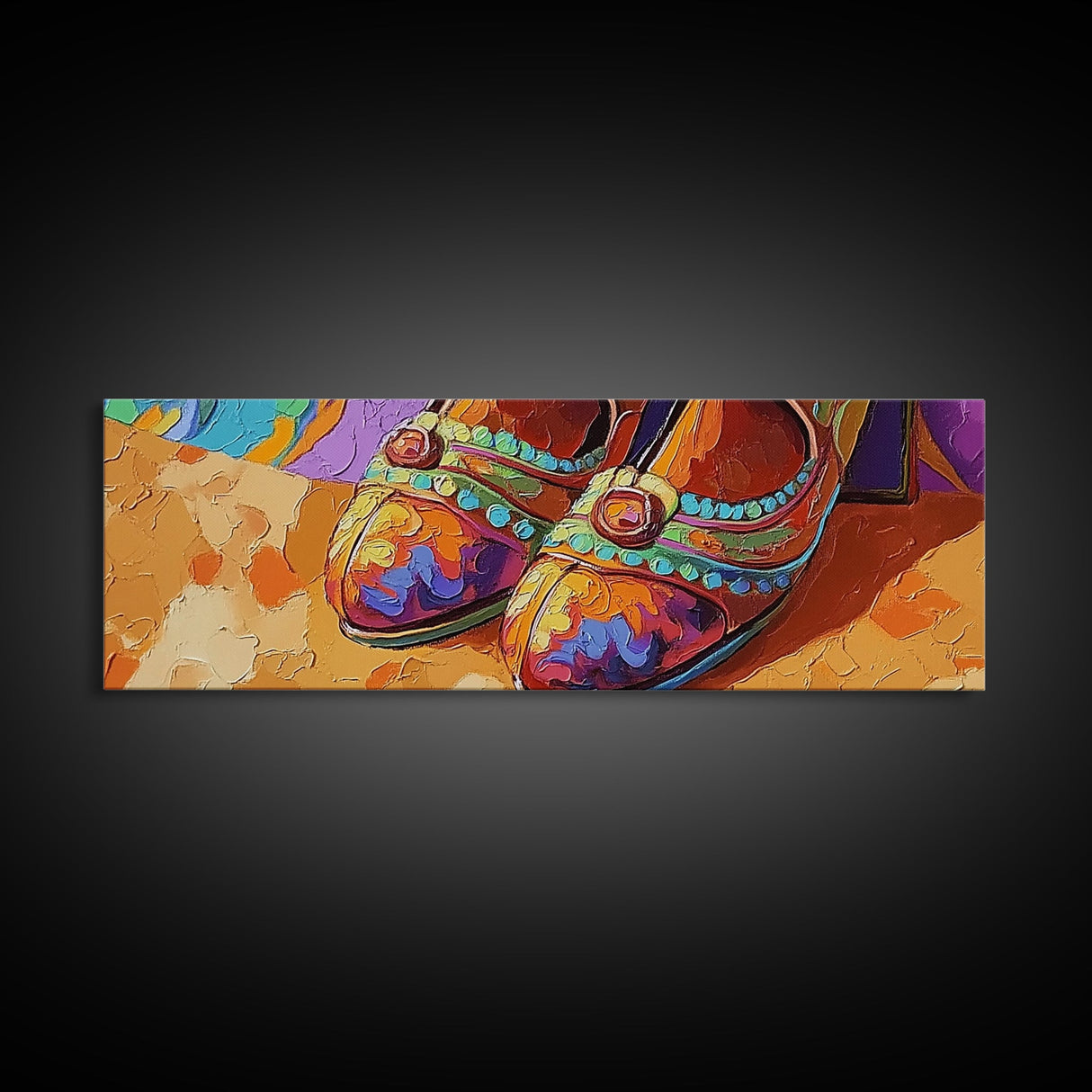 Fiesta Shoes, Mexican Style, Color Pop, Framed Canvas Print, Boho Fashion Wall Art, Entryway Accent Decor, Whimsical Art Style