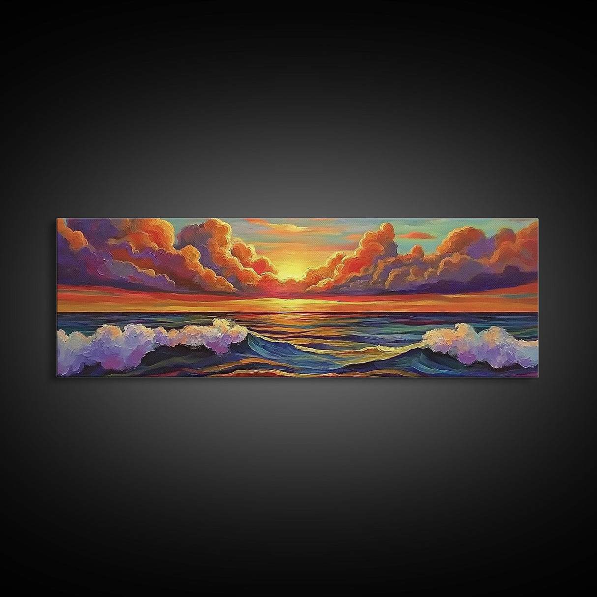 Dramatic Clouds, Sunset Sea, Ocean Glow, Framed Canvas Print, Bold Coastal Wall Art, Colorful Living Room Decor, Dreamy Seascape Style