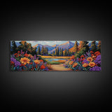 Wildflower Trail Art, Mountain Landscape, Framed Canvas Print, Nature Inspired Decor, Boho Living Room Wall Art, Vibrant Floral Scene