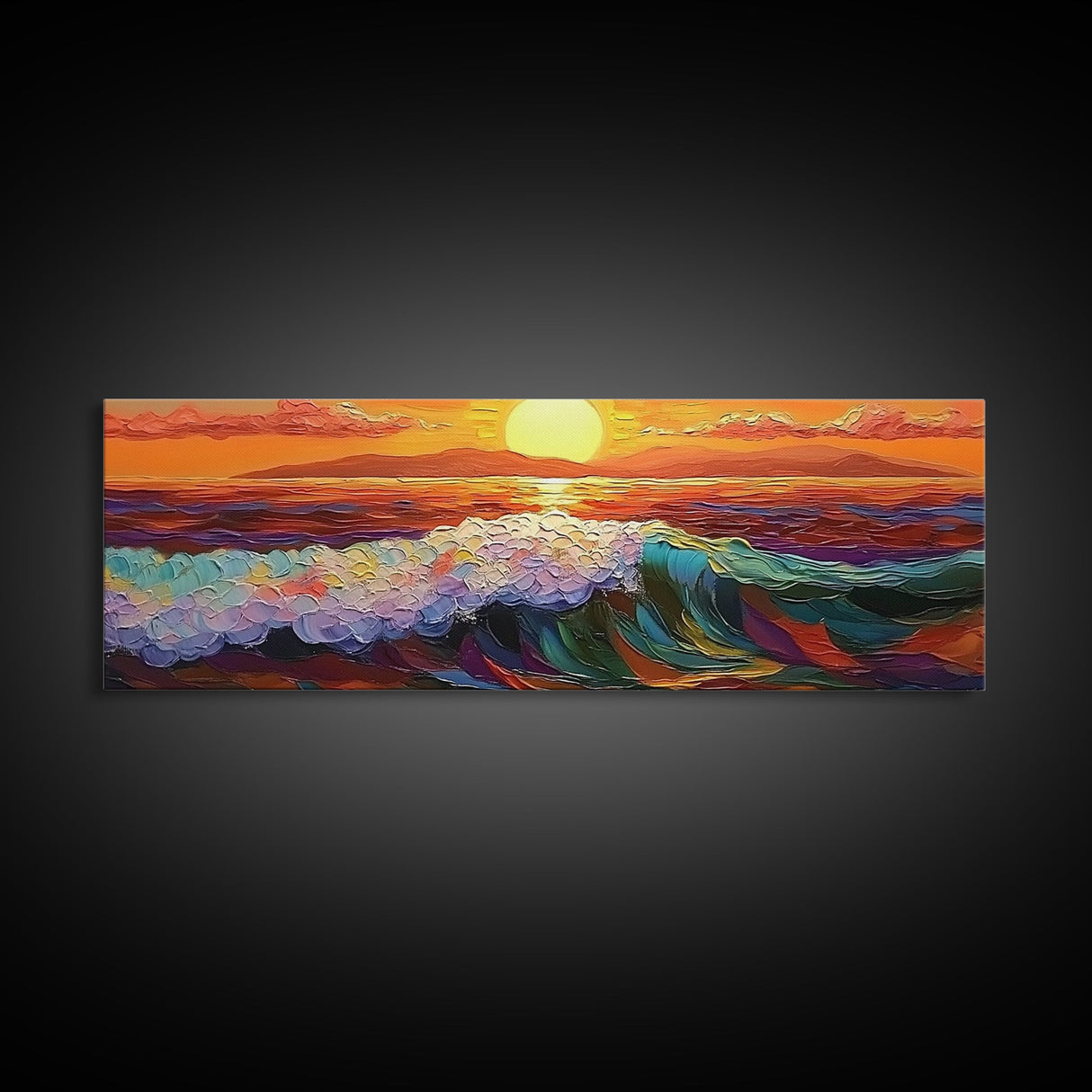 Vibrant Ocean Sunset, Textured Wave Painting, Modern Seascape Art, Framed Canvas Print, Coastal Living Wall Art, Boho Bedroom Decor