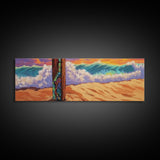 Painted Post, Colorful Shore, Ocean Wave, Surf Vibes, Framed Canvas Print, Beach Bedroom Wall Art, Tropical Seaside Expressionism