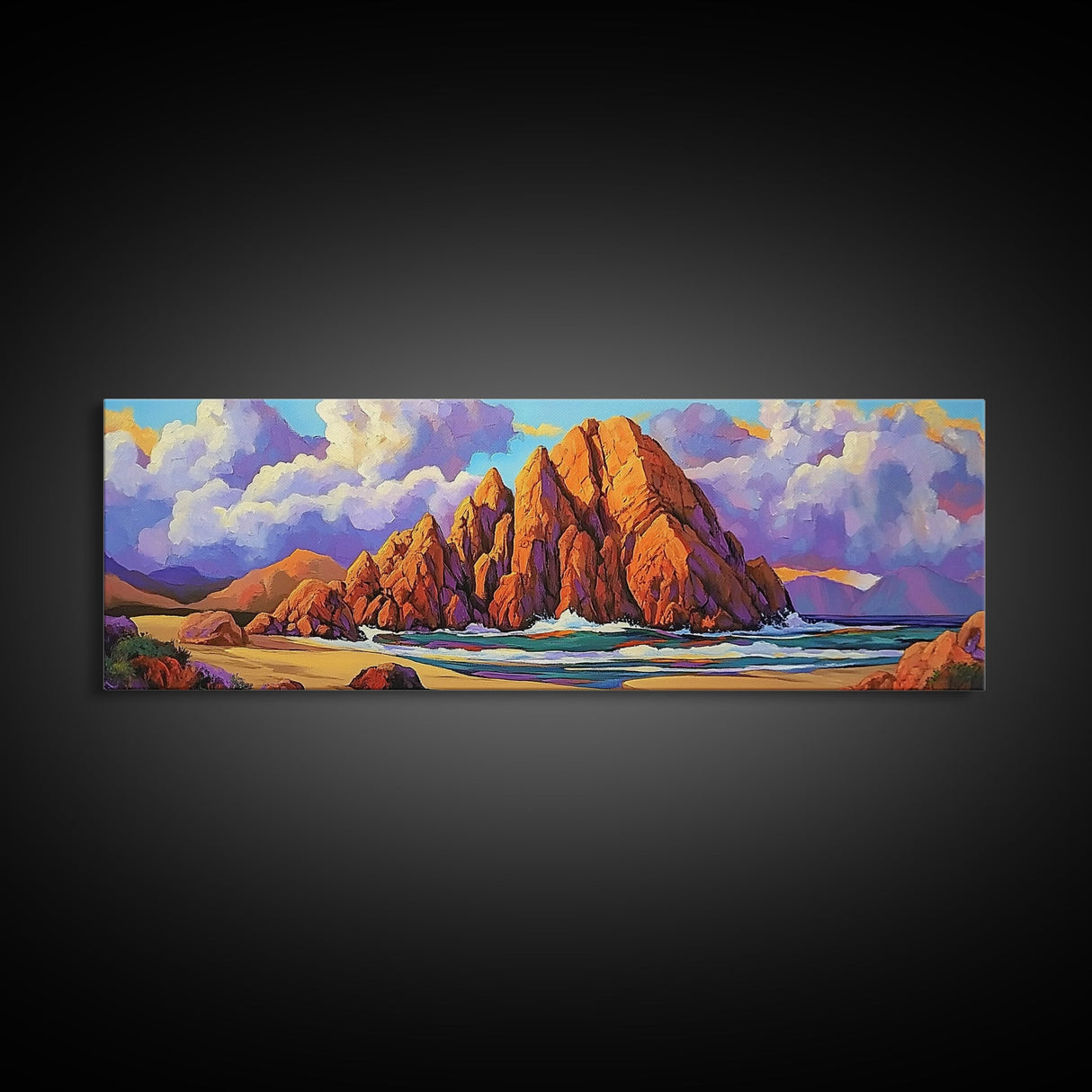 Rocky Beach Escape, Sunset Ocean View, Coastal Nature Art, Canvas Print, Tropical Wall Art, Bold Color Decor, Bedroom Seascape Art