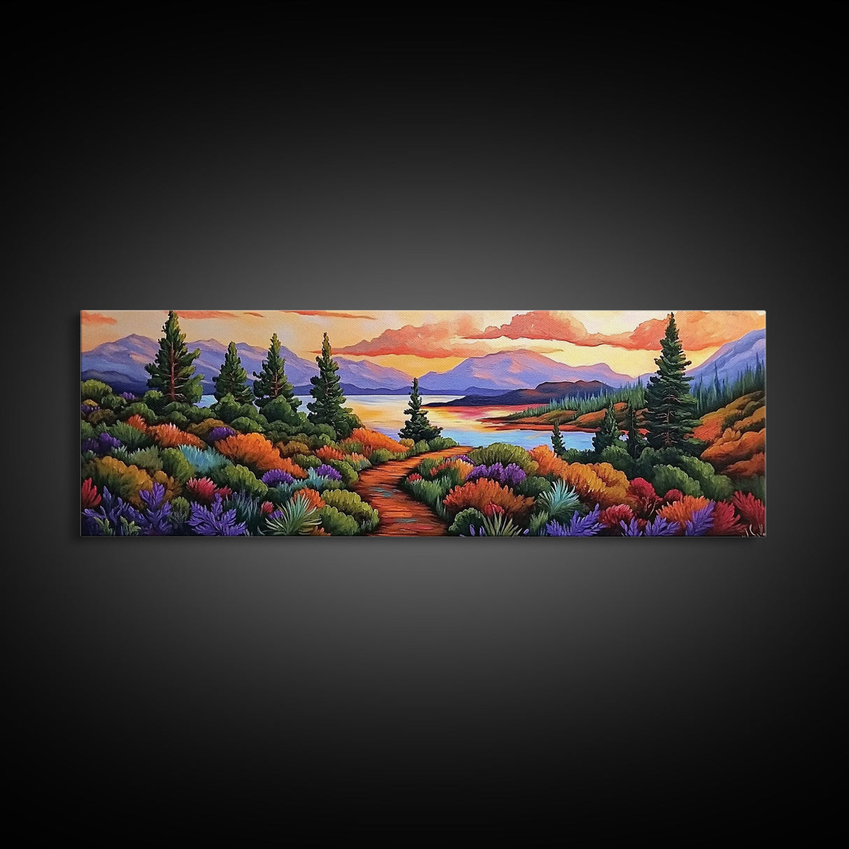 Autumn Mountain Trail, Sunset Path, Nature Landscape, Framed Canvas Print, Cabin Decor, Fall Colors, Living Room Wall Art, Rustic Art
