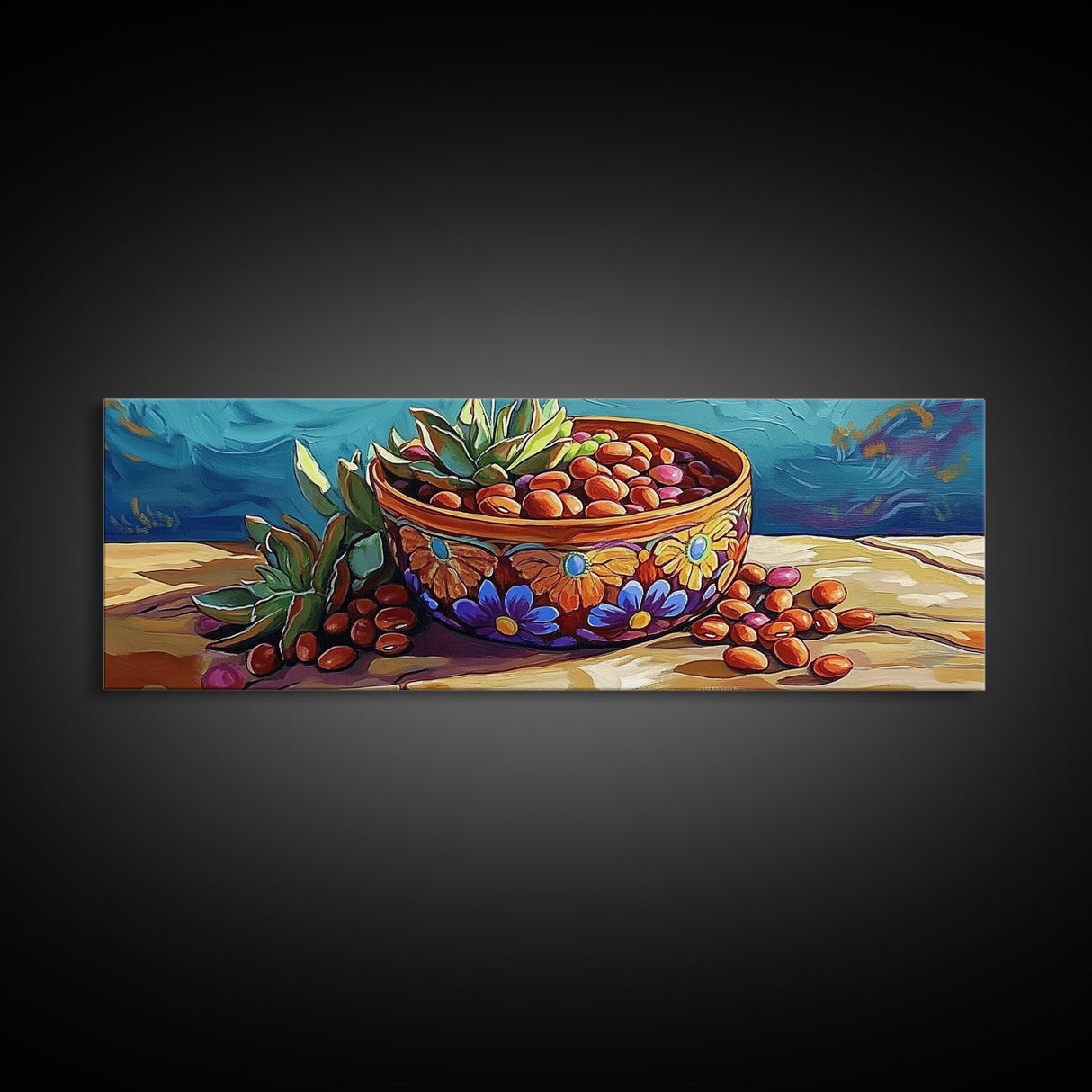 Succulent Bowl, Kitchen Decor, Colorful Talavera, Canvas Print, Mexican Pottery Art, Rustic Kitchen Wall Art, Vibrant Boho Style